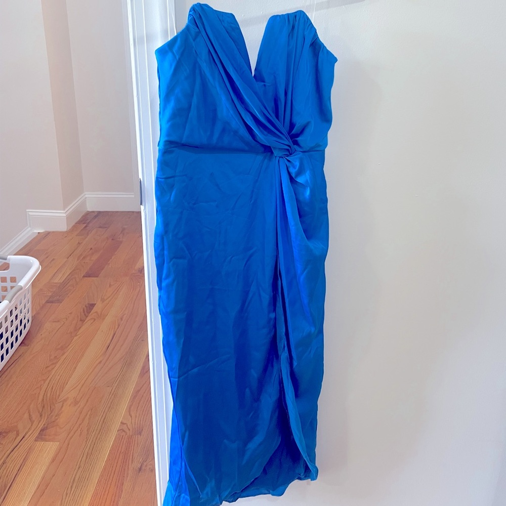 Classy And Fabulous Strapless Satin Midi Dress - Cobalt